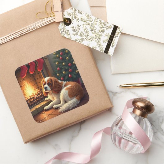 Cavalier King Charles bij de Haard Kerstmis Vierkante Sticker (Geschenken)