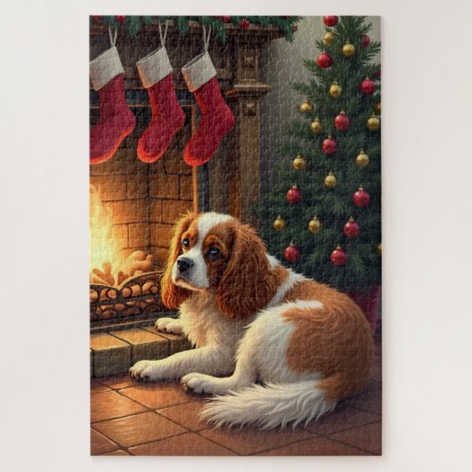Cavalier King Charles bij de open haard Kerstmis Legpuzzel (Verticaal)