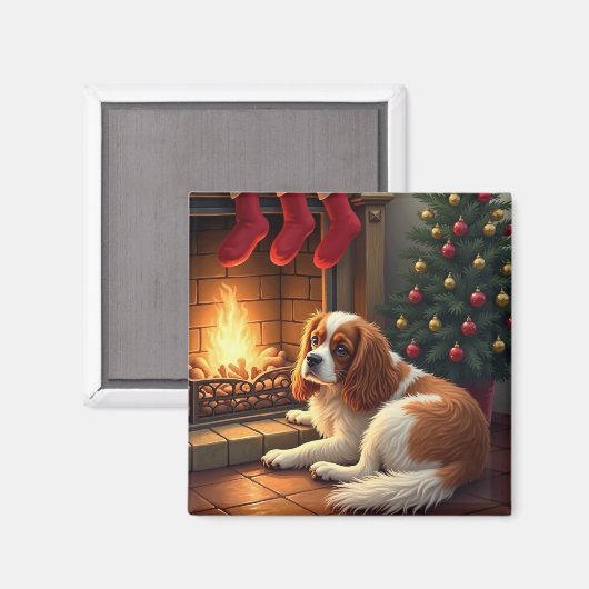 Cavalier King Charles bij de open haard Kerstmis Magneet (Voorkant / Achterkant)
