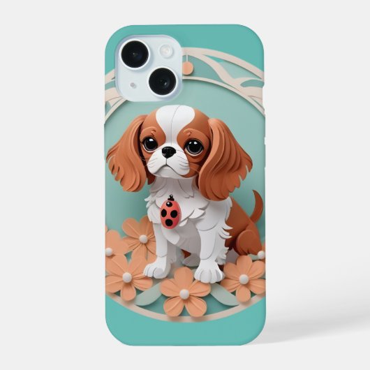 Cavalier King Charles Bloemen Papier Snijkunst iPhone 15 Case (Achterkant)