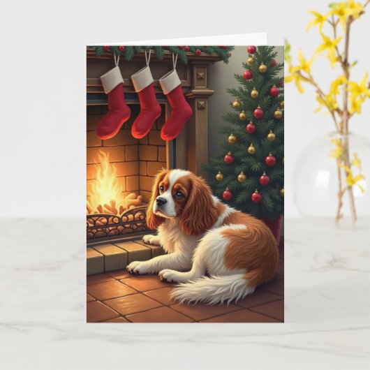 Cavalier King Charles by the Fireplace Christmas Kaart (Gele Bloem)