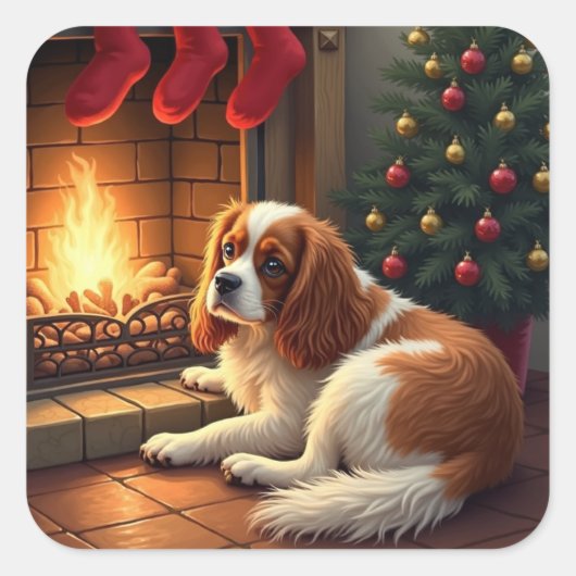 Cavalier King Charles by the Fireplace Christmas Vierkante Sticker (Voorkant)