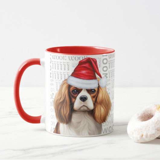 Cavalier King Charles Dog Santa op houten achtergr Mok (Met donut)