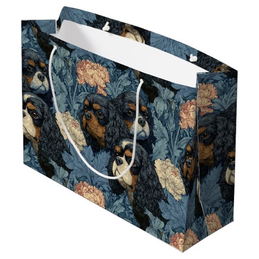 Cavalier King Charles Floral Blue Design Groot Cadeauzakje (Achterkant Gekanteld)