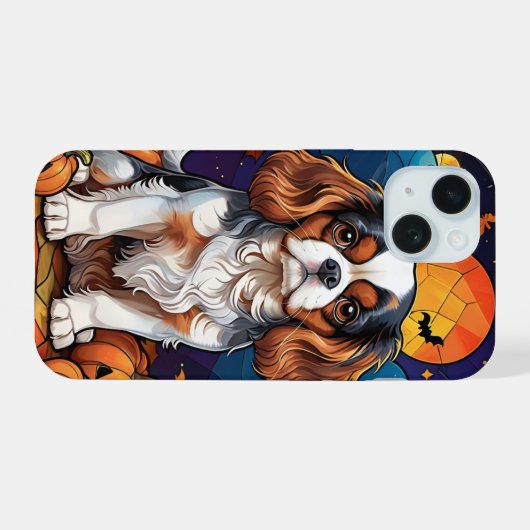 Cavalier King Charles Glas in lood Halloween iPhone 15 Case (Achterkant horizontaal)