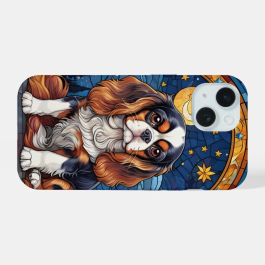 Cavalier King Charles Glas in lood Night Sky Moon iPhone 15 Case (Achterkant horizontaal)