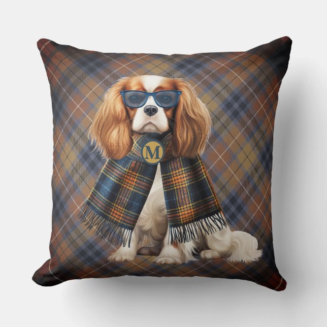 Cavalier King Charles hond en geruite monogram Kussen (Voorkant)