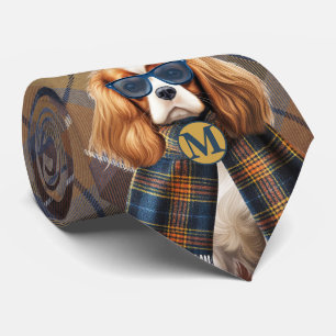 Cavalier King Charles-hond en geruite monogram Stropdas