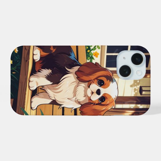Cavalier King Charles op een bankje iPhone 15 Case (Achterkant horizontaal)