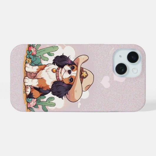 Cavalier King Charles pastel roze cowboy iPhone 15 Case (Achterkant horizontaal)