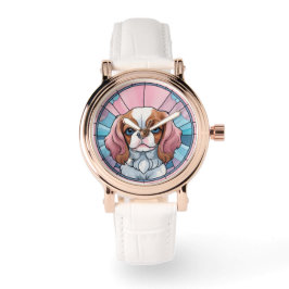 Cavalier King Charles Pastel Roze Glas in lood Horloge