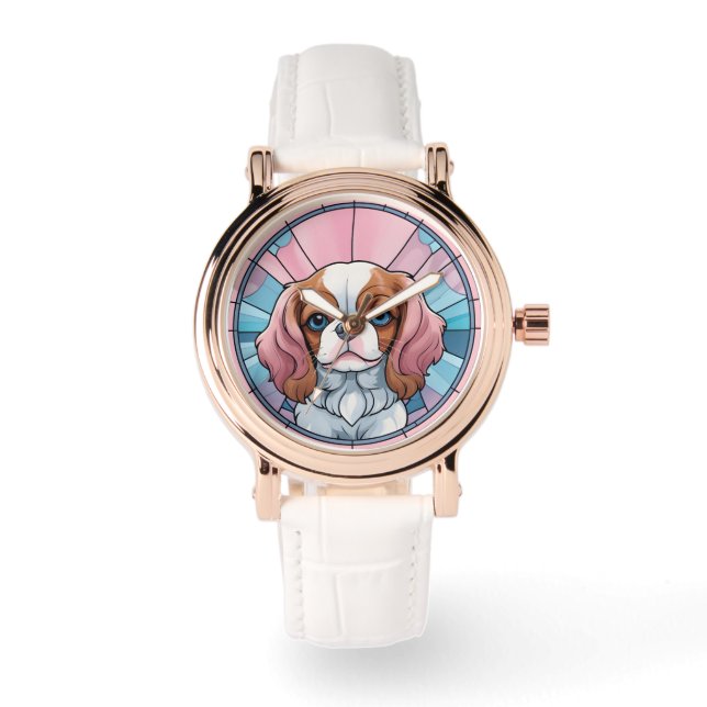 Cavalier King Charles Pastel Roze Glas in lood Horloge (Voorkant)