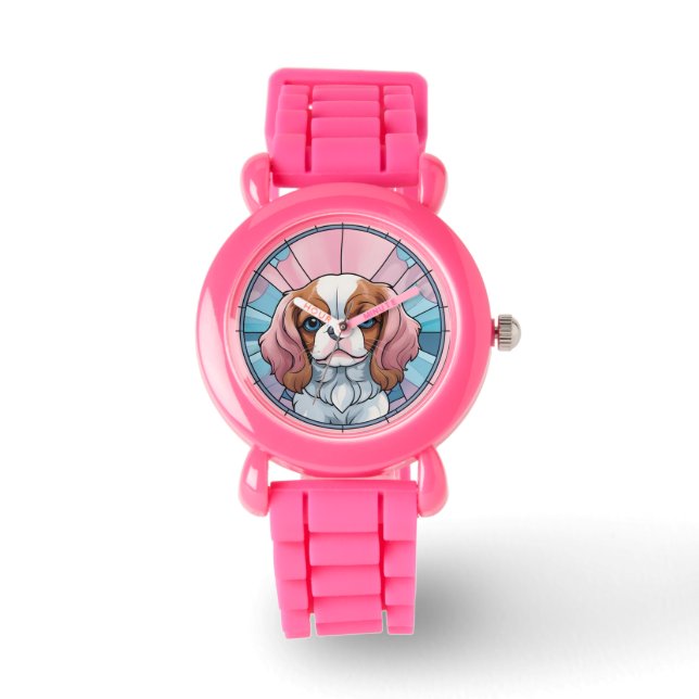 Cavalier King Charles Pastel Roze Glas in lood Horloge (Voorkant)