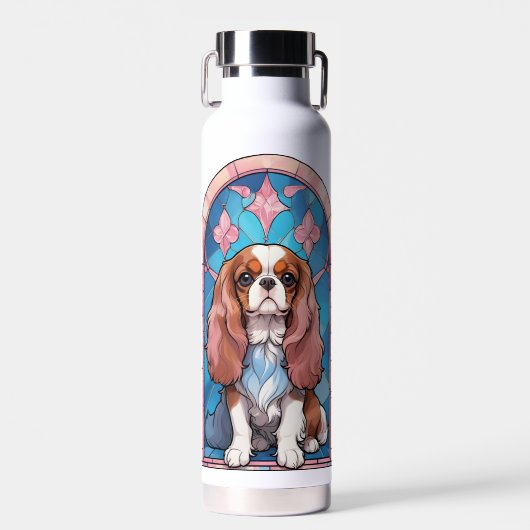 Cavalier King Charles Pastel Roze Glas in lood Waterfles (Voorkant)