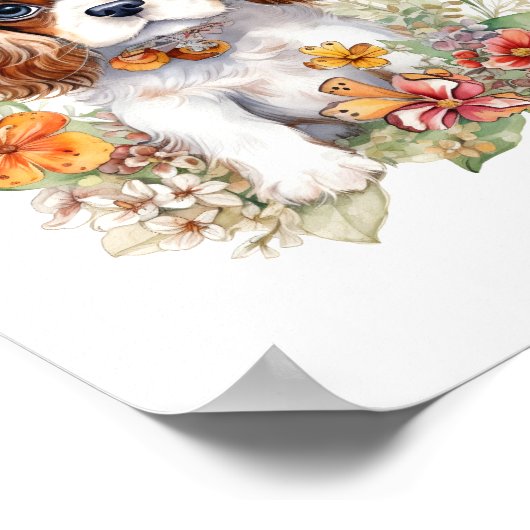 Cavalier King Charles Puppy Pet Waterverf Flower Poster (Hoek)