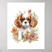 Cavalier King Charles Puppy Pet Waterverf Flower Poster (Voorkant)