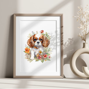 Cavalier King Charles Puppy Pet Waterverf Flower Poster