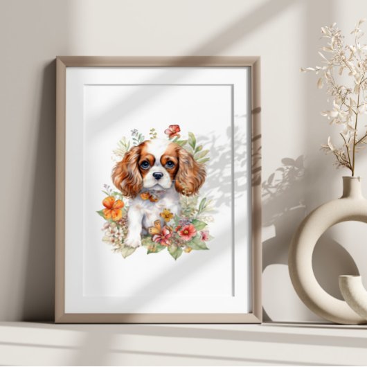 Cavalier King Charles Puppy Pet Waterverf Flower Poster