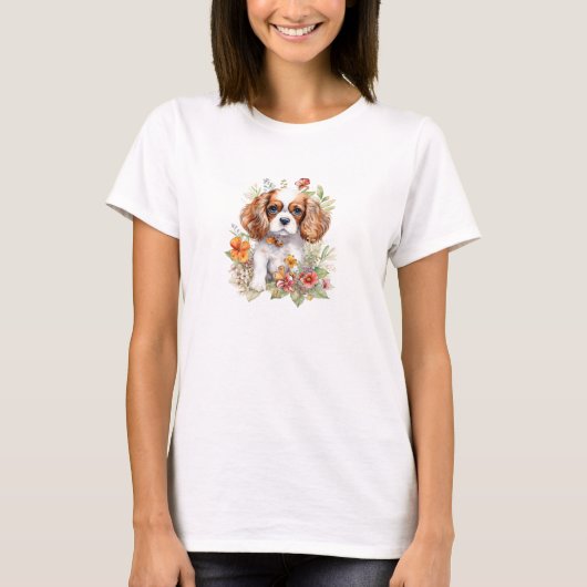 Cavalier King Charles Puppy Pet Waterverf Flower T-shirt (Voorkant)
