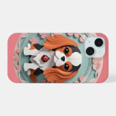Cavalier King Charles Roze Bloemen Papier Snijden iPhone 15 Case (Achterkant horizontaal)
