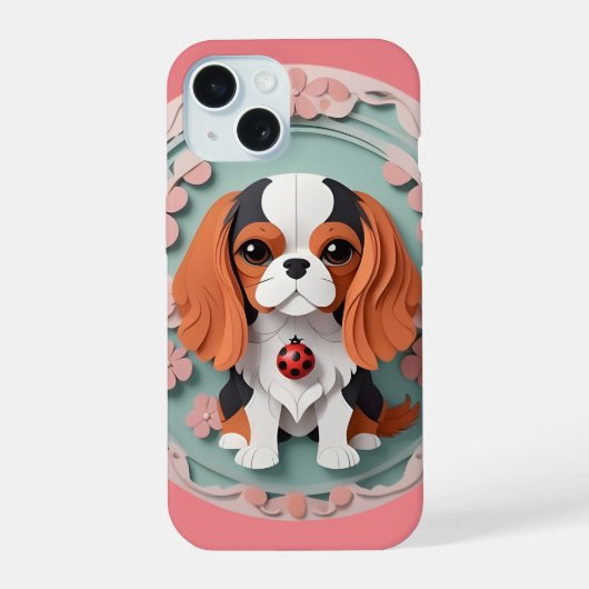 Cavalier King Charles Roze Bloemen Papier Snijden iPhone 15 Case (Achterkant)