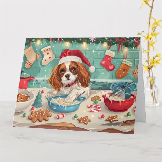 Cavalier King Charles Spaniel bakt Kerstmis Kaart (Gele Bloem)
