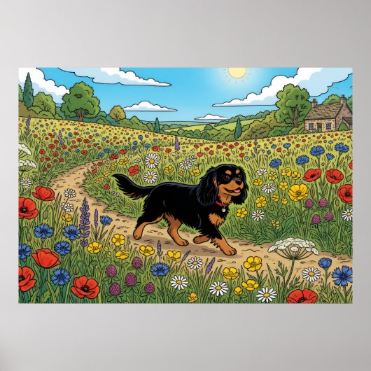 Cavalier King Charles Spaniel Bloemenweide Po Poster (Voorkant)