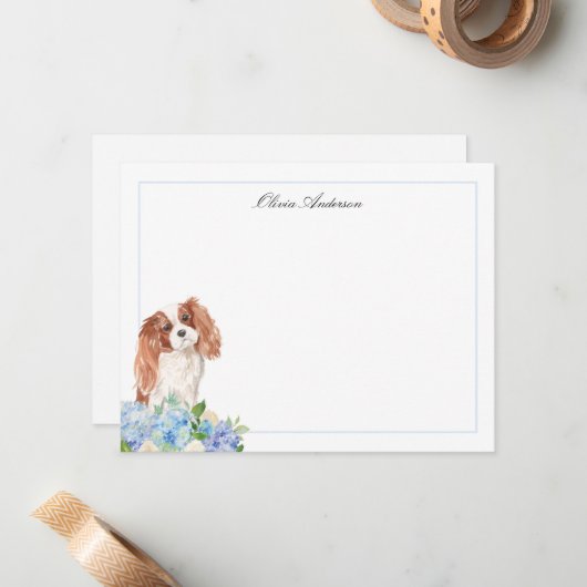 Cavalier King Charles Spaniel Blue Hydrangea Notitiekaartje (Voorkant / Achterkant in situ)