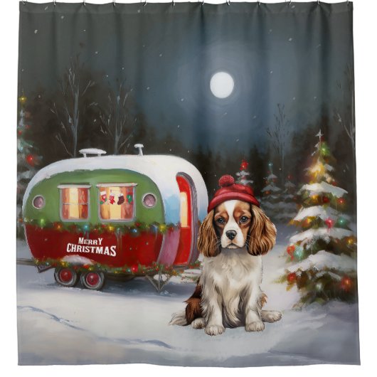 Cavalier King Charles Spaniel Caravan Kerstmis Douchegordijn (Voorkant)