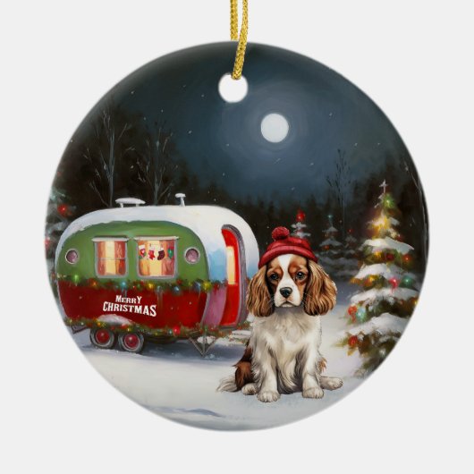 Cavalier King Charles Spaniel Caravan Kerstmis Keramisch Ornament (Voorkant)
