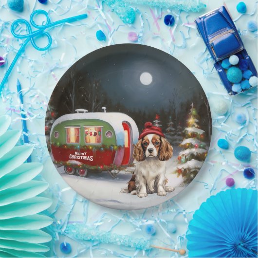Cavalier King Charles Spaniel Caravan Kerstmis Papieren Bordje (Feest)