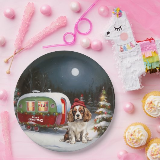 Cavalier King Charles Spaniel Caravan Kerstmis Papieren Bordje (Feest)