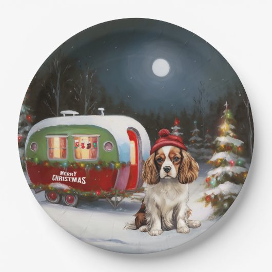 Cavalier King Charles Spaniel Caravan Kerstmis Papieren Bordje (Voorkant)