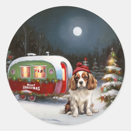 Cavalier King Charles Spaniel Caravan Kerstmis  Ronde Sticker (Voorkant)