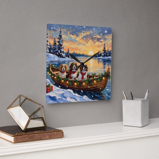 Cavalier King Charles Spaniel Christmas Boat Vierkante Klok (Kantoor)