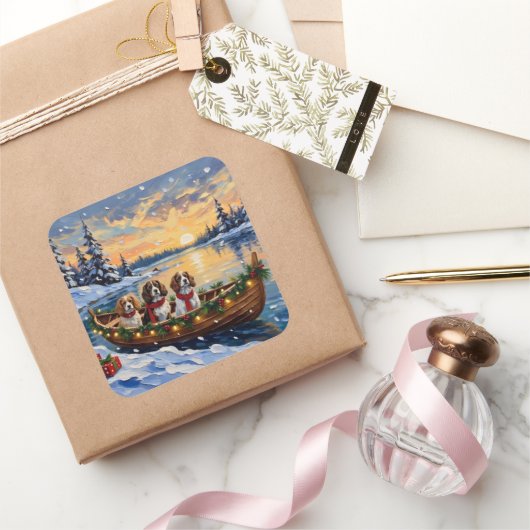 Cavalier King Charles Spaniel Christmas Boat Vierkante Sticker (Geschenken)