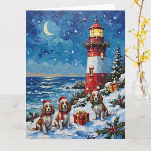 Cavalier King Charles Spaniel Christmas Lighthouse Kaart (Gele Bloem)