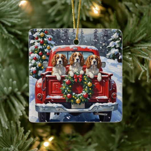 Cavalier King Charles Spaniel Christmas Red Truck Keramisch Ornament (Boom)
