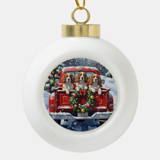 Cavalier King Charles Spaniel Christmas Red Truck Keramische Bal Ornament (Voorkant)