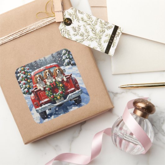 Cavalier King Charles Spaniel Christmas Red Truck Vierkante Sticker (Geschenken)