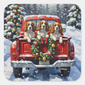 Cavalier King Charles Spaniel Christmas Red Truck Vierkante Sticker (Voorkant)