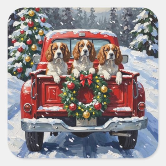 Cavalier King Charles Spaniel Christmas Red Truck Vierkante Sticker (Voorkant)