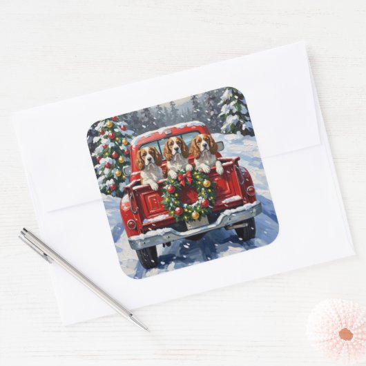 Cavalier King Charles Spaniel Christmas Red Truck Vierkante Sticker (Envelop)