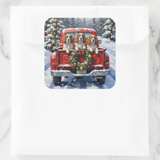 Cavalier King Charles Spaniel Christmas Red Truck Vierkante Sticker (Tas)