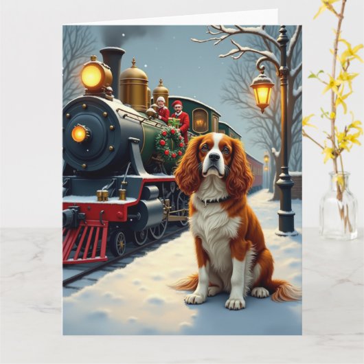 Cavalier King Charles Spaniel Christmas Train Kaart (Gele Bloem)