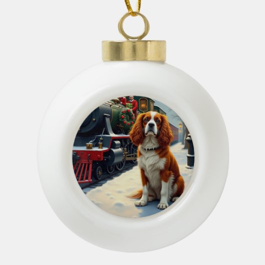Cavalier King Charles Spaniel Christmas Train Keramische Bal Ornament (Voorkant)