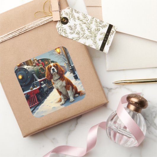Cavalier King Charles Spaniel Christmas Train Vierkante Sticker (Geschenken)