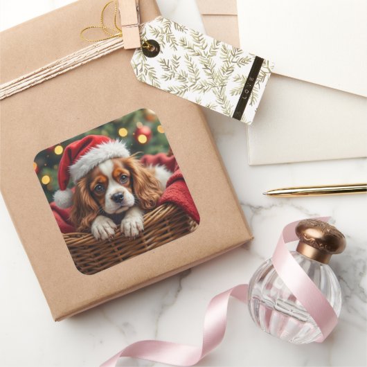 Cavalier King Charles Spaniel Cozy Basket Vierkante Sticker (Geschenken)