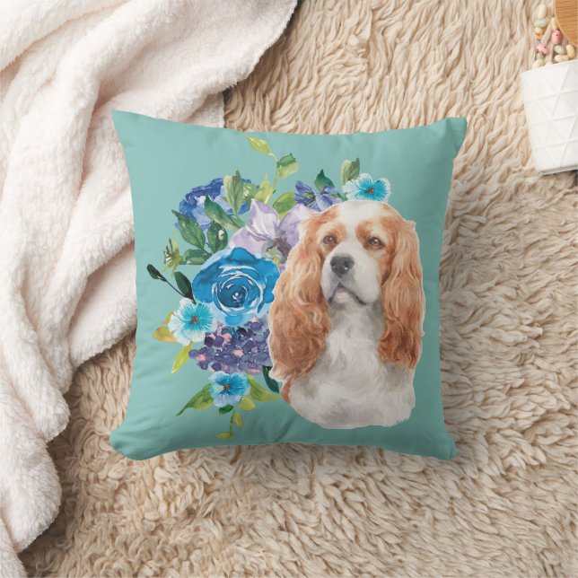 Cavalier King Charles Spaniel Dog Blue Floral Kussen (Deken)