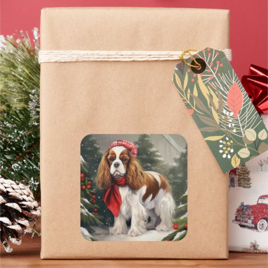 Cavalier King Charles Spaniel Dog Kerstmis Vierkante Sticker (Feestdagen)